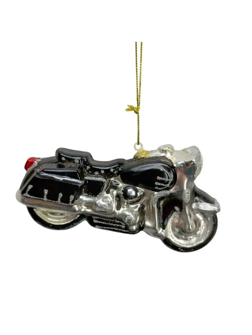 Motorcycle Ornament Glass Christmas Decoration Black & Silver Glitter Hanging Fi